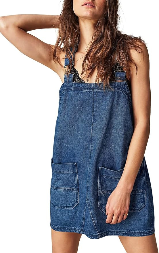 PLNOTME Women's Casual Denim Overalls Dress Adjustable Strap Summer Mini Jean Dress with Pockets | Amazon (US)