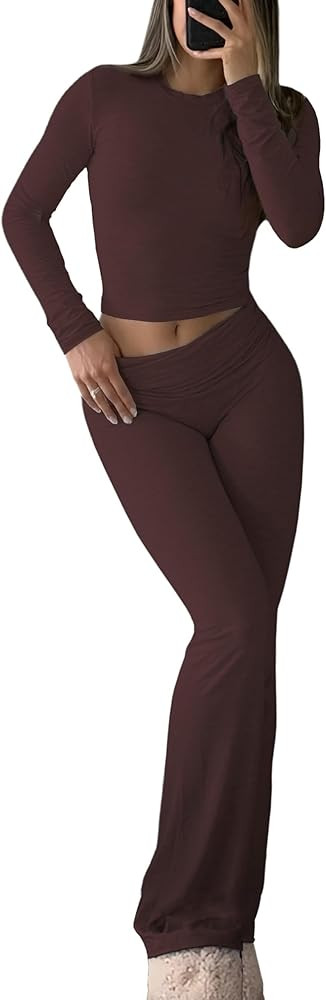 Women's 2 Piece Casual Pajama Set-Slim Fit Long Sleeve Top Low Rise Bell Bottoms-Versatile Yoga L... | Amazon (US)