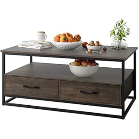 YOLENY 43" Industrial Coffee Table,Accent Cocktail Table with Storage Shelf,2 Drawers Solid Wood and | Amazon (US)