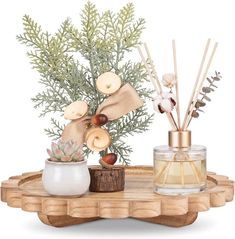 Yookeer Natural Wood Scalloped Wood Riser Tray Soap Rustic Bathroom Decoration Scalloped Stand Soap Tray Wooden Decorative Pedestal for Bathroom Kitchen Dishes Plant Display Decor (10'',Round) | Amazon (US)