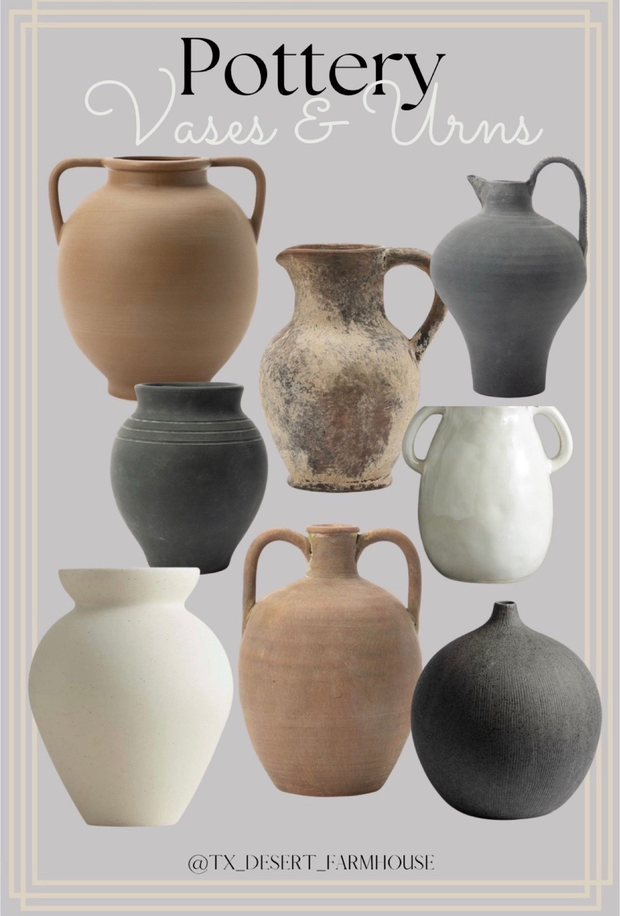 Pottery Vases & Urns

White Ceramic Vase with 2 Handles, Modern Farmhouse Vase for Home Decor, Rustic Terracotta Vase, Decorative Pottery Flower Vase, Clay Samll Vase, Centerpieces for Dining Table - 7 Inch Tall

Retro Flower Vase, Crock Milk Can Shape, Flower Arrangement, Nordic Ornament Living Room Decoration

SIDUCAL Ceramic Rustic Farmhouse Vase with Handle, Terracotta Vase, Minimalist Decorative Vases for Home Decor, Table, Living Room, Shelf, Christmas Decoration(Gray)

Ethel Vase

Rounded Dual Handled Vase

Charcoal Terracotta Jug

Terracotta Urn

#pottery #vases #tablevase #jug #urn #pot #earthenvessel #vessel #planter #tablevase #decor #tabledecor #shelfdecor #modernfarmhouse #homeinterior #LTKStyleTip #LTKFindsUnder100

#LTKHome #LTKdayinmylife #LTKSeasonal