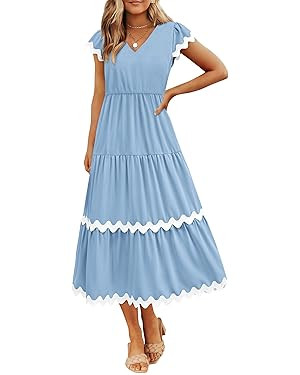 BTFBM Womens Summer Dresses 2024 V Neck Cap Sleeve Ric Rac Loose Tiered A-Line Beach Vacation Mid... | Amazon (US)