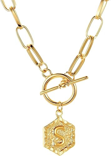 14K Gold Chunky Link Chain Necklace Initial Letter Pendant Hexagon Medallion Minimalist Jewelry f... | Amazon (CA)
