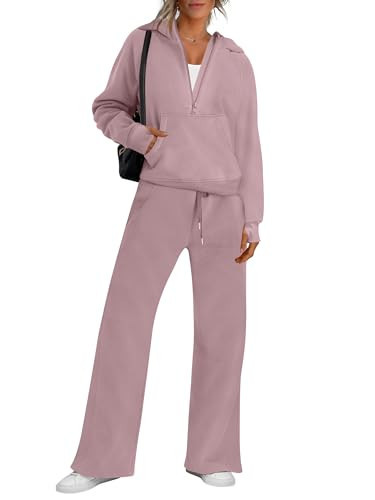 ANRABESS Women's 2 Piece Outfits Sweatsuit Half Zip Cropped Hoodies Sweatshirts Sweatpants Matching Lounge Sets Fall Clothes Pink Small | Amazon (US)