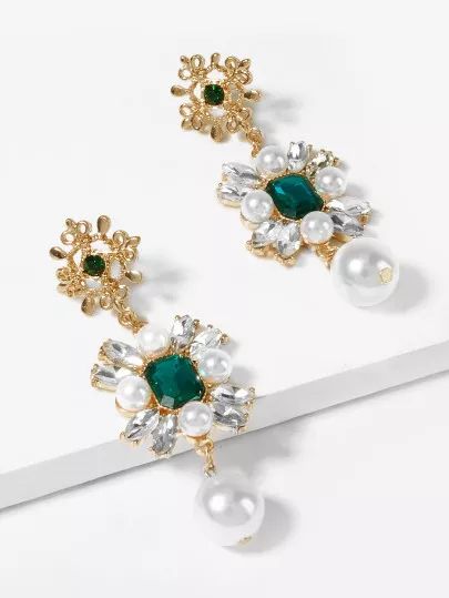 Faux Pearl & Gemstone Flower Drop Earrings 1pair | SHEIN