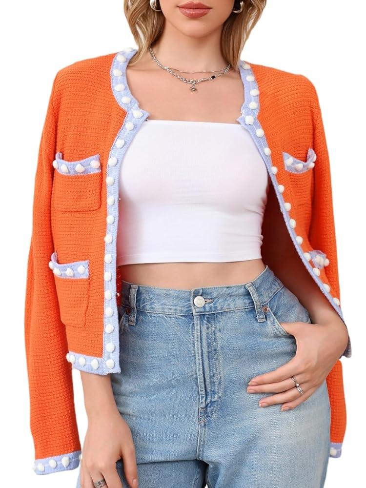 Cropped Cardigan for Women Open Front Jackie O Sweater Jacket Button Down Fall Chunky Knit Coats | Amazon (US)