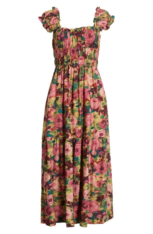 MOON RIVER Floral Print Smocked Tiered Maxi Dress in Olive Multi at Nordstrom, Size Medium | Nordstrom