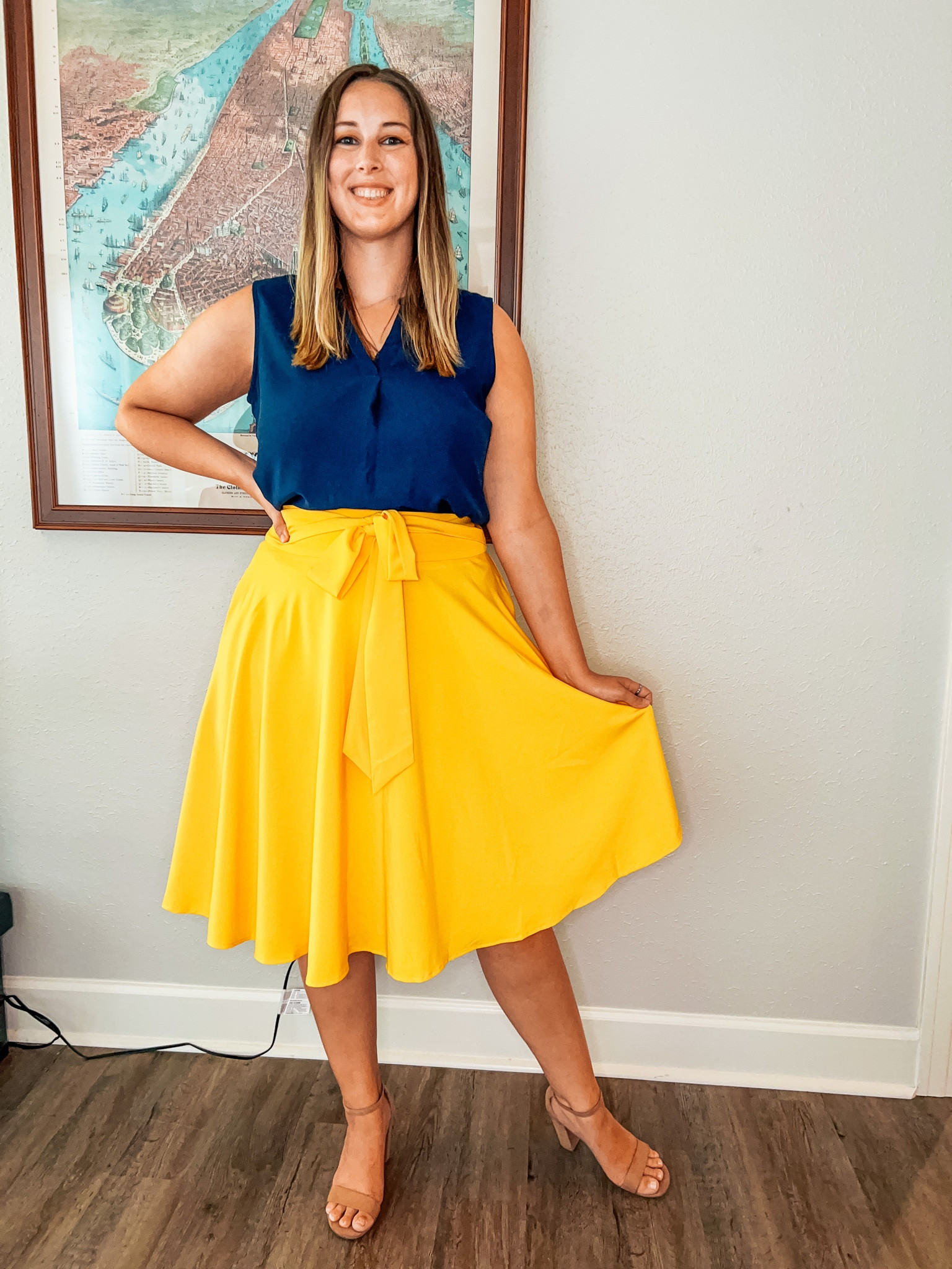 Modern day Snow White princess outfit - amazon navy blue sleeveless blouse (size large) and yellow a line flow skirt with tie waist (size large) paired with target nude block heels (size 9)

Midsize, midsize outfit, size 10, disneybound, modern day disney outfit, dapper day, disney princess, amazon finds, affordable outfit, work outfit, outfit inspo, ootd, 

#LTKmidsize #LTKFind #LTKworkwear
