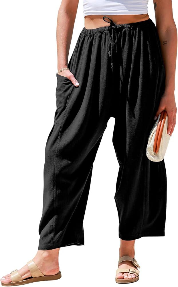 TARSE Womens Linen Wide Leg Pants Casual Loose Drawstring Low Waist Beach Palazzo Harem Pants wit... | Amazon (US)