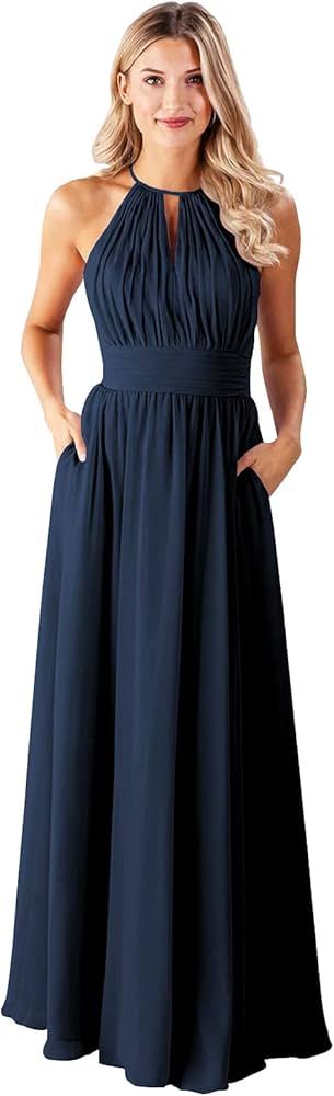 Keyhole Halter Long Bridesmaid Dresses for Women A Line Pleated Chiffon Formal Evening Prom Party... | Amazon (US)
