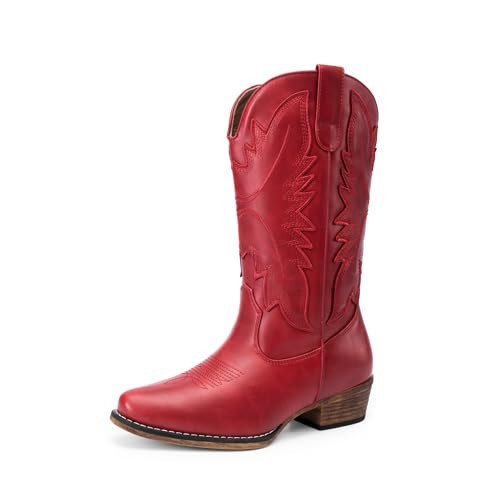 DREAM PAIRS Cowboy Boots for Women Cowgirl Western Mid Calf Boots Snip Toe Embroidered Stitched Low Chunky Heel Pull On Fashion Boots,Size 8.5,Red,SDMB25005W-2 | Amazon (US)