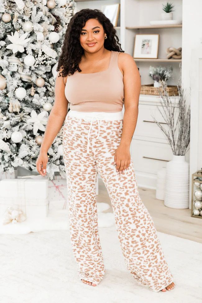 Movies And Chill Brown And Ivory Leopard Print Fuzzy Lounge Pants FINAL SALE | Pink Lily