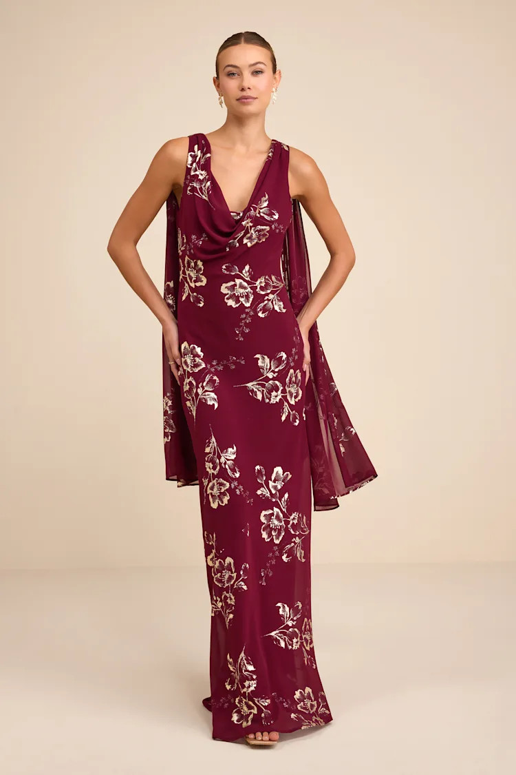 Sidonia Burgundy and Gold Floral Cowl Sash Maxi Dress | Lulus