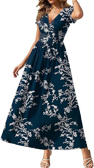 Gracyoga Women's Summer Dresses 2025 Short Sleeve Maxi Dress Casual V Neck Flowy Sundress with Po... | Amazon (US)