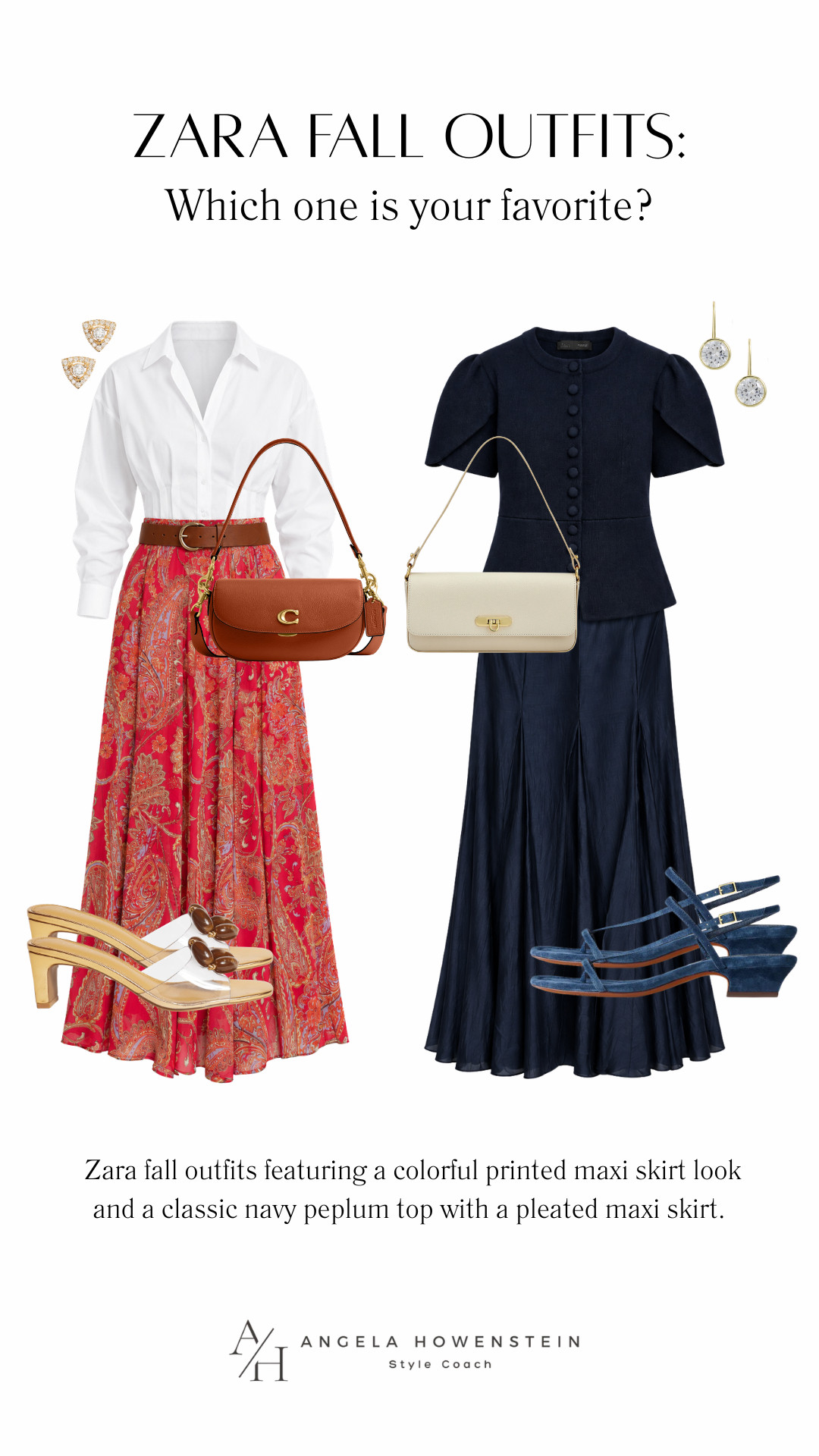 Two Zara fall outfits, and I honestly can’t choose a favorite! One is colorful and feminine with a printed maxi skirt, while the other is polished and classic with a navy peplum top and pleated maxi skirt. Which one would you wear?

👩‍💻 LTK PRO TIPS
❤️ Heart = Support my posts ;-)
🔖 Save = Get sale & restock alerts for the things you love!
📋 Lists = Keep Favorites organized (List ideas: Christmas, Birthdays, and Vacations!)
📲 Share = Send lists and products to a friend (or your daughters like me).
💬 Comment = Ask me anything, and I’ll answer. ;-) 

 #LTKootd #LTKSeasonal #LTKOver40
