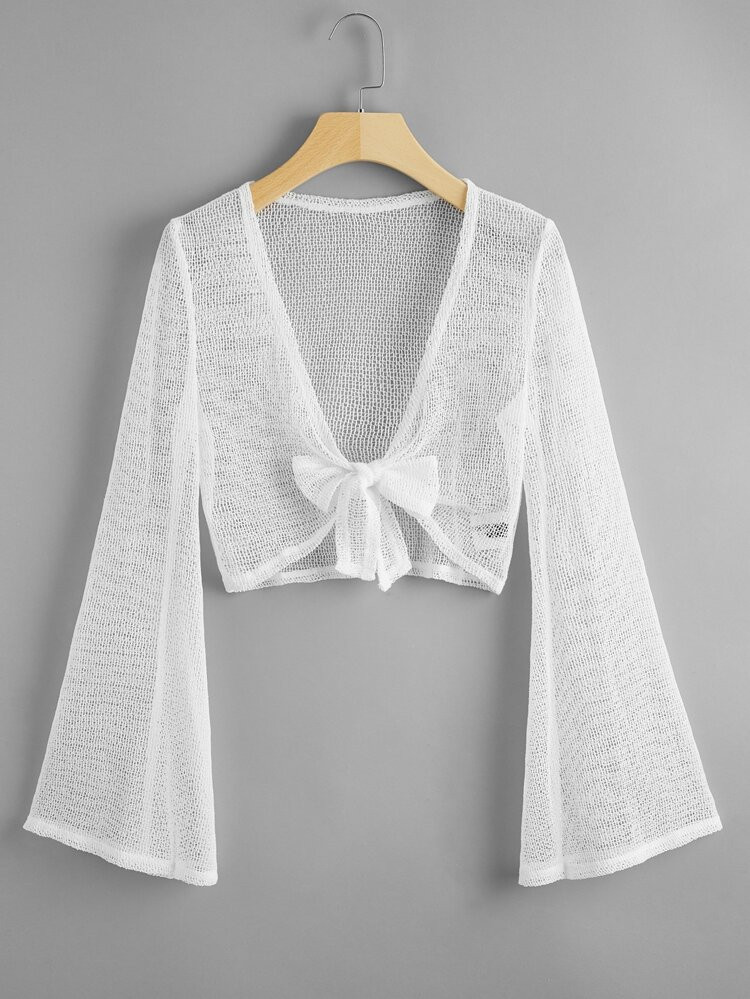 SHEIN Bell Sleeve Knot Front Crochet Kimono | SHEIN