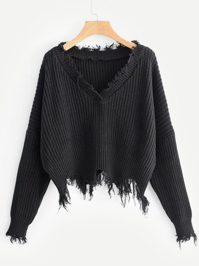 Frayed Trim Drop Shoulder Jumper | SHEIN