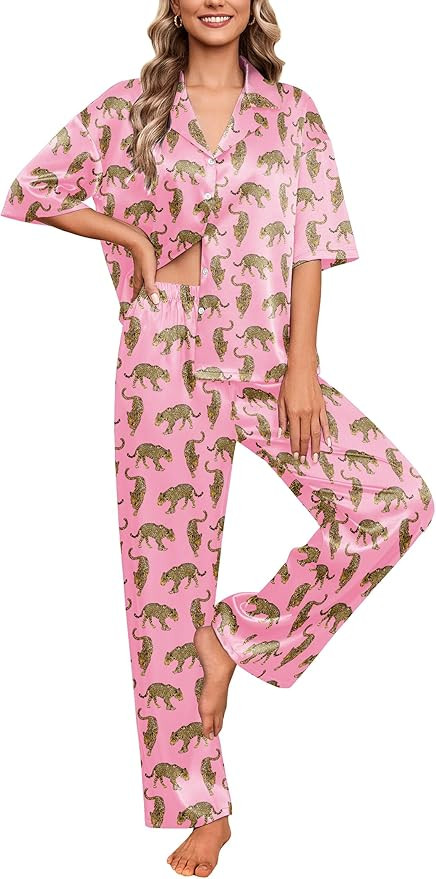 Ekouaer Silk Satin Pajamas Set Women Short Sleeve Pj Sets Button Down Sleepwear 2 Piece Soft Loun... | Amazon (US)
