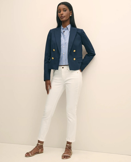 Brooks Brothers Women's Cropped Double-Breasted Blazer in Cotton Faille | Navy | Size 6 | Brooks Brothers