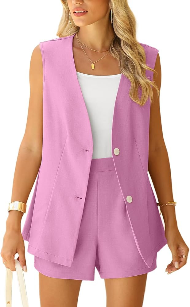 QUEZHU 2 Piece Sets for Women Summer Linen Sleeveless Blazer and Shorts Set 2024 Dressy Casual Ou... | Amazon (US)