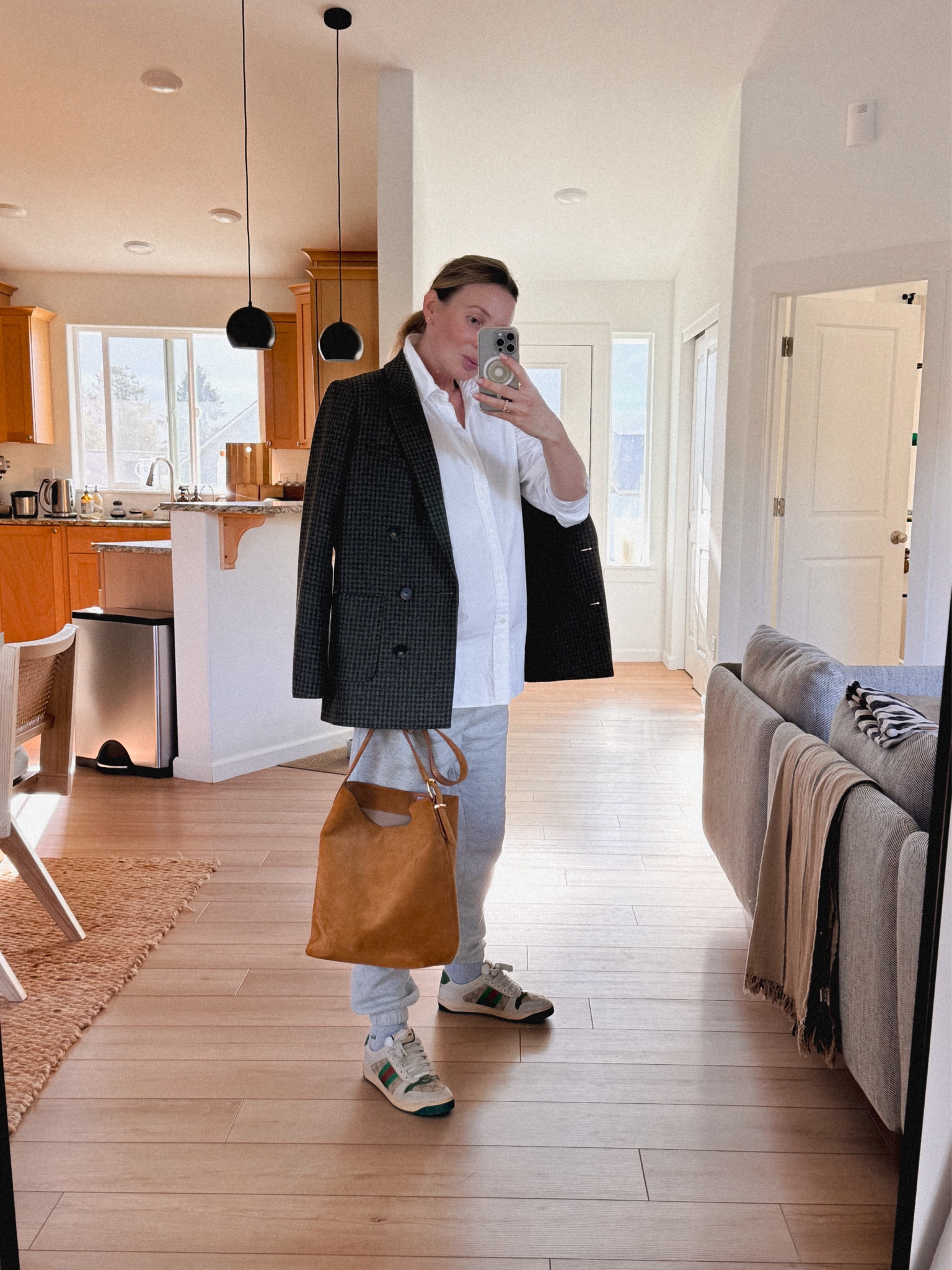 OOtD: Gap vintage soft classic joggers + Polo Ralph Lauren oversized cotton button down shirt + Sézane Michele jacket + Madewell Essential bucket tote in suede + Gucci screener sneakers. 
I also linked similar and more affordable styles 🫶☺️😘#LTKxMadewell 

#LTKSeasonal #LTKFindsUnder100