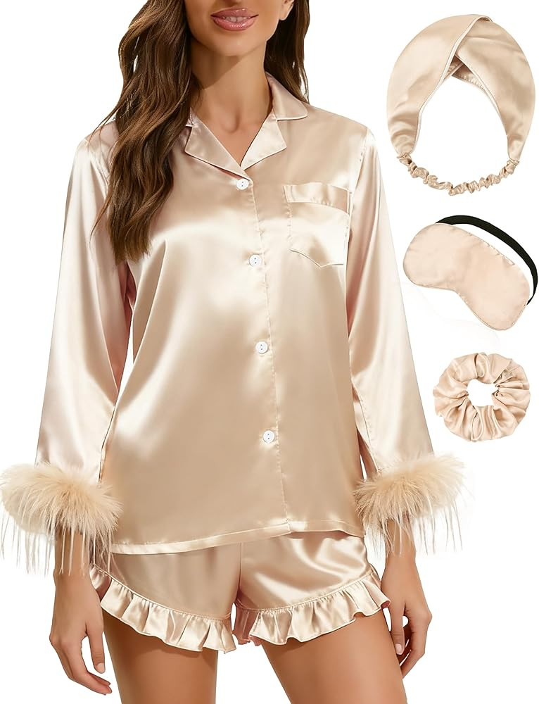 MORFORU Bride Bridal Pajama Set Silk Bridesmaid Pajamas with Feather Trim Long Sleeve Satin Silky... | Amazon (US)