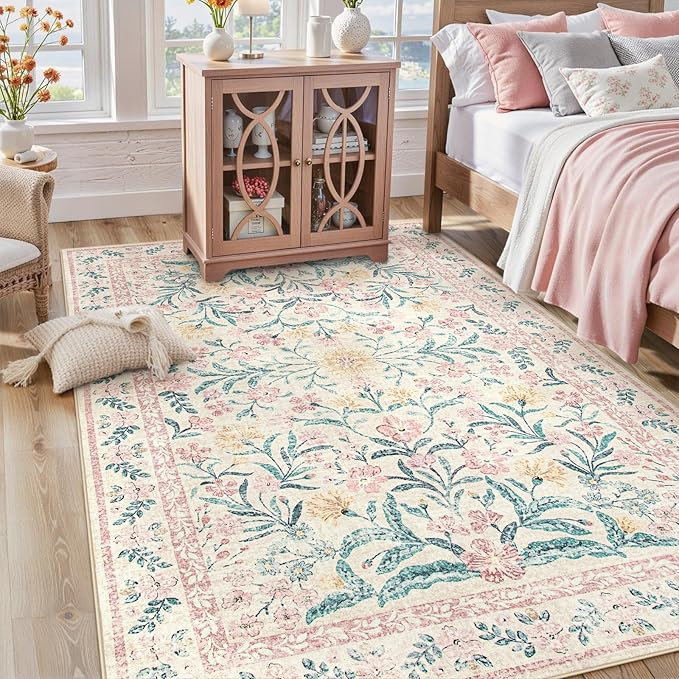 Lahome Sylvie Pink Bedroom Rug for Girls Room Decor, 5x7 Washable Cute Playroom Nursery Rug, Soft... | Amazon (US)