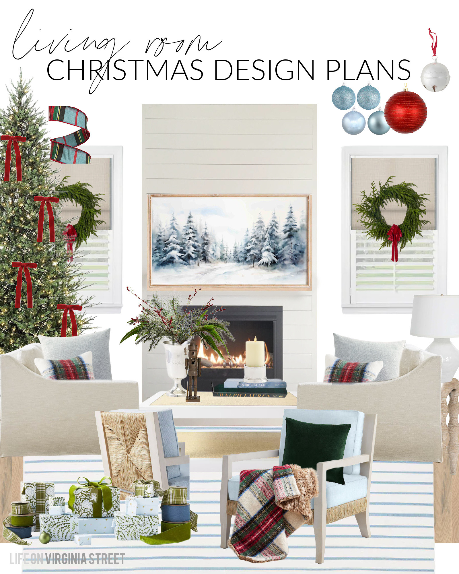 Christmas decorating plans in our coastal living room! Includes a 9' Christmas tree we've owned and loved for years, silver jingle bell ornaments, red orb ornaments, light blue shatterproof orb ornaments, Norfolk pine wreath with red velvet ribbons, cozy Stewart plaid throw pillow covers and throw blankets, velvet throw pillow covers, a silver vase with berries and greenery, a silver candle sleeve, blue plaid Christmas ribbon, and coordinating Christmas wrapping paper! Also linking our woven Roman shades, slipcovered linen sofas, blue linen armchairs, white and light blue striped rug, raffia coffee table, Frame TV winter art, rope console table, and white ceramic lamps. See all of my Christmas design boards here: https://lifeonvirginiastreet.com/2024-christmas-design-boards/ #ltkholiday #ltkhome #ltksalealert #ltkfindsunder100 #ltkstyletip #ltkseasonal #ltkfindunder50 

 #LTKHoliday #LTKHome #LTKSaleAlert