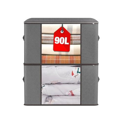 Joymeezo 90L Grey Large Storage Bags, 2 Pack Foldable Closet Organizers Linen Storage Containers with Zippers and Durable Handle for Clothing, Blanket, Comforters, Pillows, Sweaters and Toys | Amazon (US)