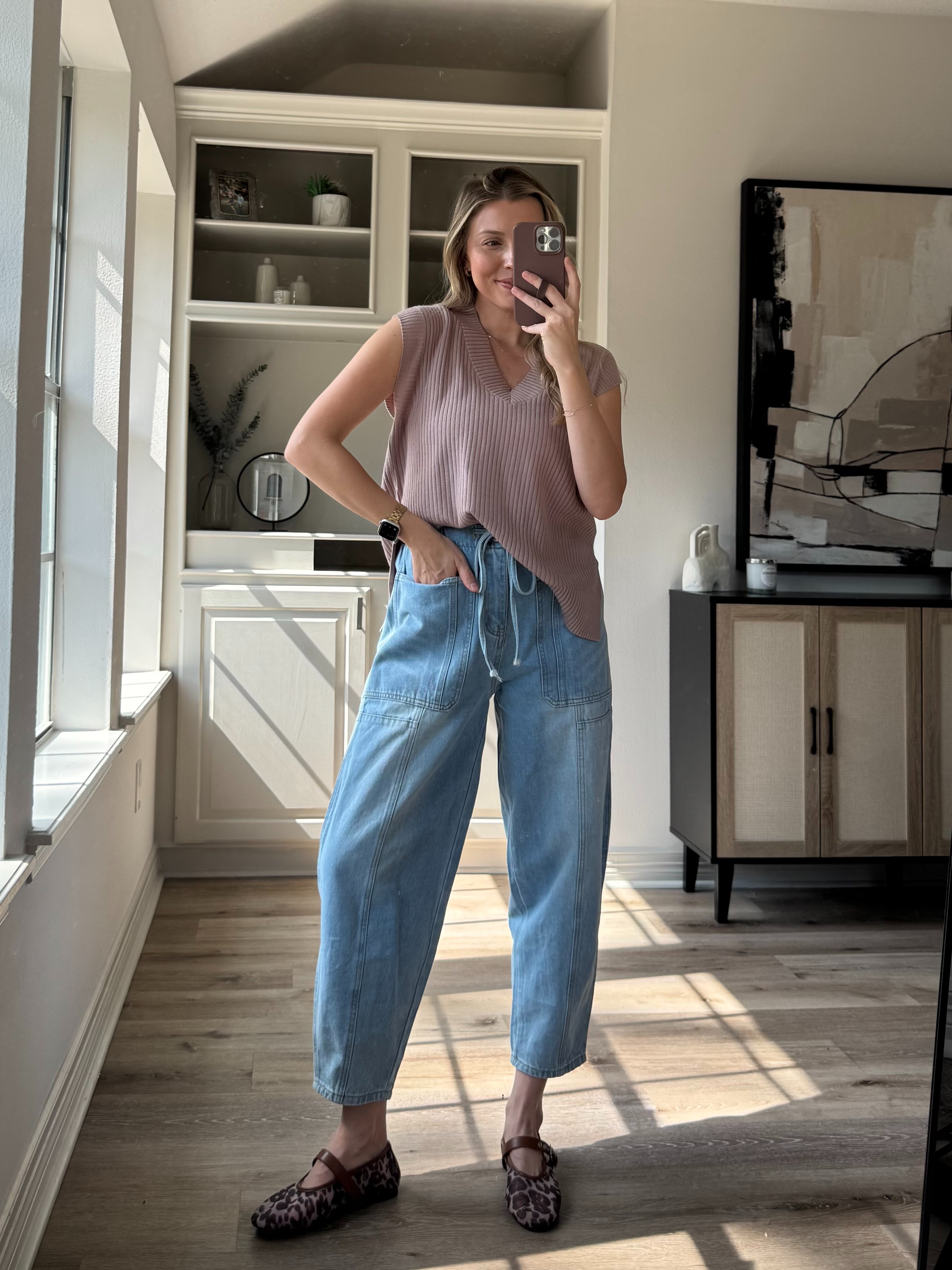 Casual mom outfit idea | Wearing S in vneck sweater + M in stretchy jeans! 

 

#LTKTall #LTKFindsUnder50