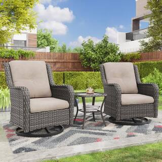 JOYSIDE 3-Piece Wicker Swivel Outdoor Rocking Chairs Patio Conversation Set with Beige Cushions M... | The Home Depot