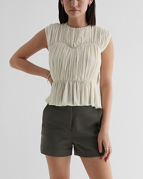 Crew Neck Ruched Peplum Top | Express