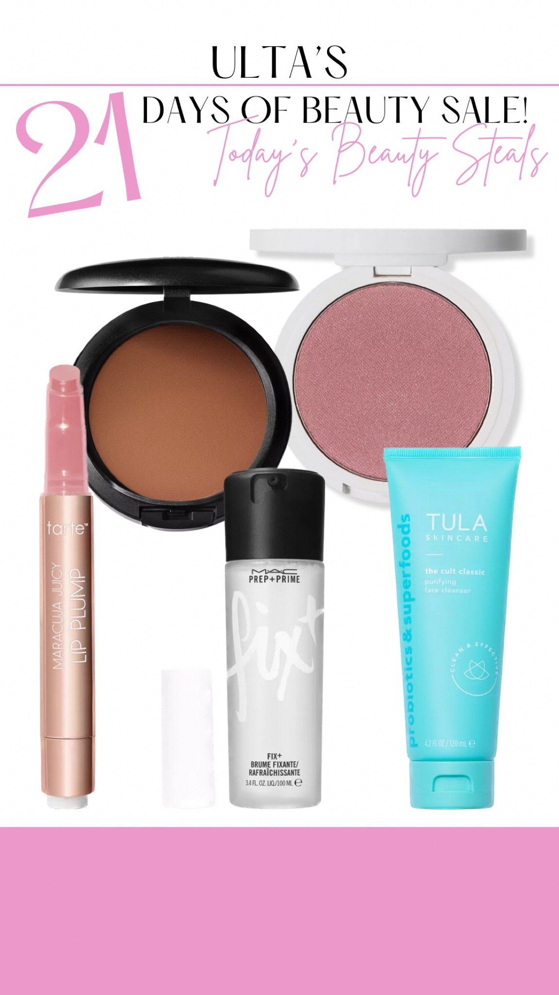 21 days of beauty Ulta sale still going! MAC pressed powders, primer, Tula cleanser and tarte lip plumper!! 50% off!

#LTKFind #LTKsalealert #LTKbeauty