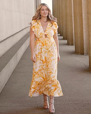 Printed Flutter Sleeve Tie Front Midi Linen-Blend Dress | Express