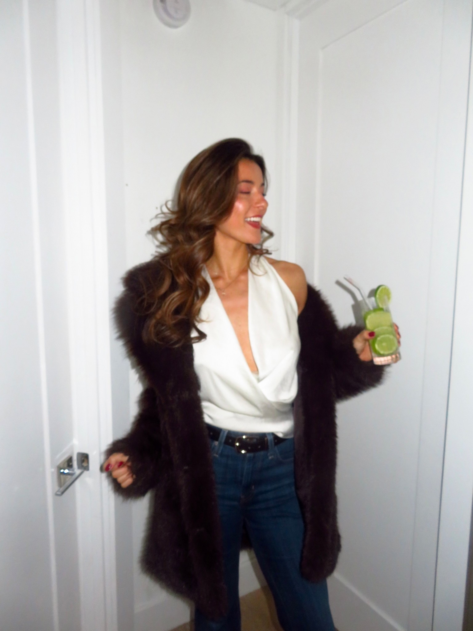 Favorite winter going out outfit. Aritzia top is so flattering and the fur jacket keeps me warm #goingout #outfit #nightout 