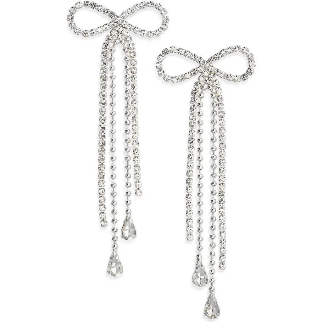 Open Edit Stone Crystal Bow Drop Earrings in Clear- Silver at Nordstrom Rack | Nordstrom Rack