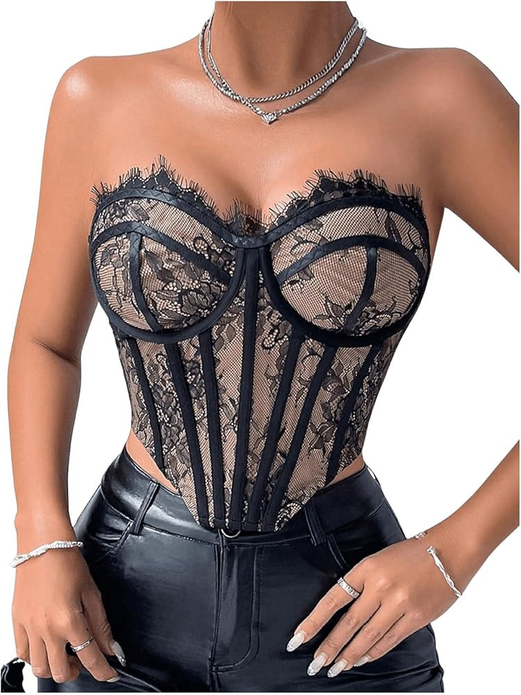 Floerns Women's Strapless Tube Night Out Tops Lace Corset Club Party Concert Blouse Tops | Amazon (US)