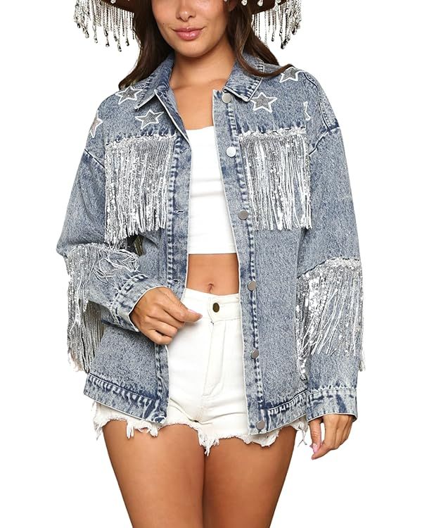 Women's Trendy Oversized Denim Fringe Jacket Long Sleeve Sequin Tassel Jean Coat | Amazon (US)