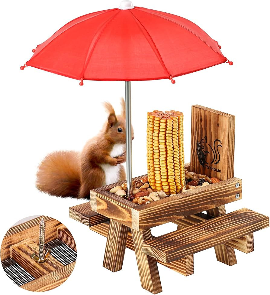 Squirrel Feeder for Outside with Umbrella, Carbonized Wood Squirrel Picnic Table Feeder with Corn... | Amazon (US)