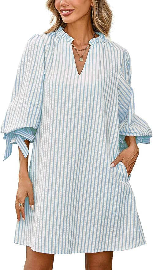 EZAPINE Striped Dress for Women V Neck 3/4 Bow Puff Sleeve Summer A Line Flowy Shirt Dress with P... | Amazon (US)