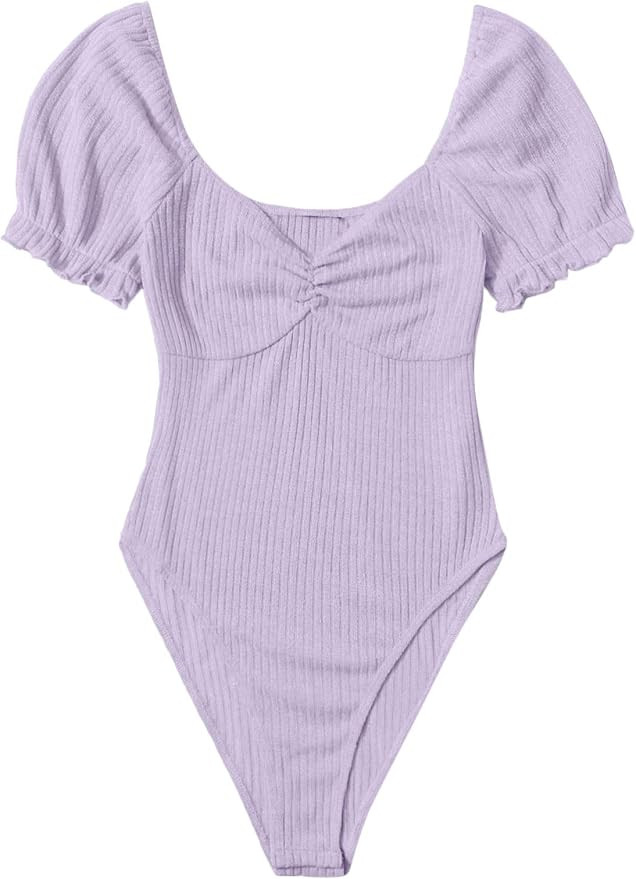 Milumia Women's Puff Sleeve Ruched Bust Sweetheart Neck Ribbed Knit Bodysuit Tops | Amazon (US)