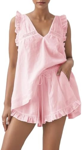 Womens Ruffle Short Set 2 Piece Outfits Fashion Summer Sleeveless Lace Trim Top and Shorts Cotton... | Amazon (US)