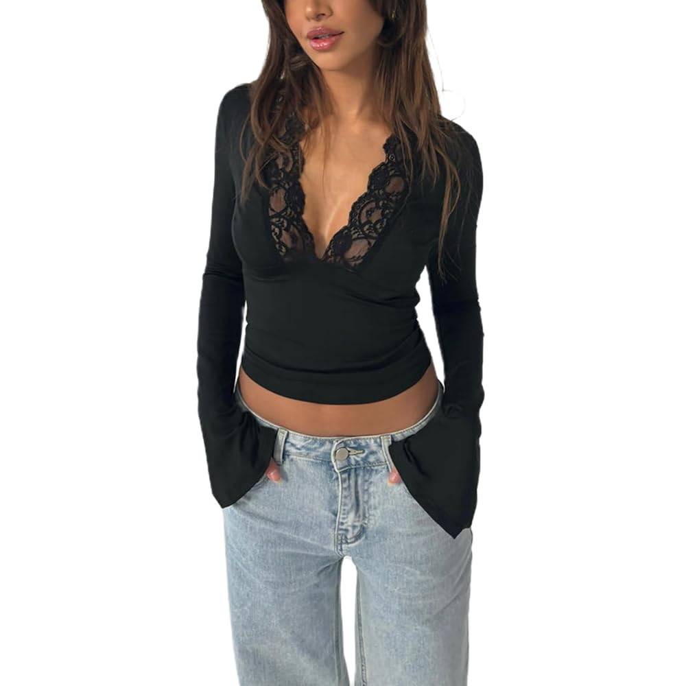 Women Lace Long Sleeve Going Out Tops Y2k Low Cut V Neck Slim Fitted Bell Sleeve Shirt | Amazon (US)