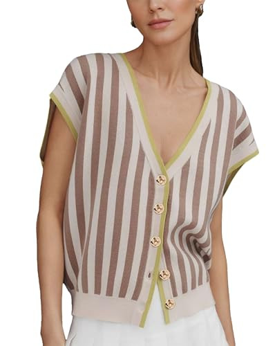 HangNiFang Womens Summer Striped Knit Cardigan Vest V Neck Cap Sleeve Golden Button Sweater Tops | Amazon (US)