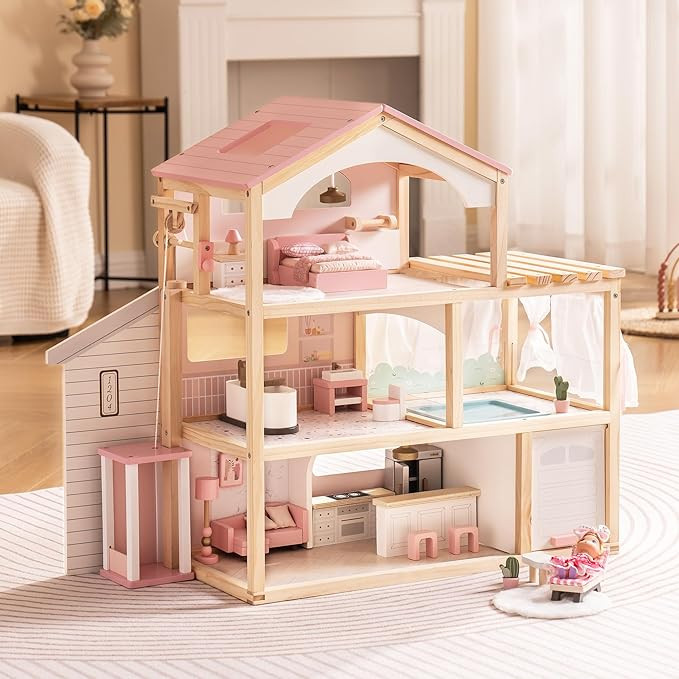 ROBUD Doll House, Wooden Dollhouse with 6 Rooms, 29-pcs Furniture Set, Working Elevator, Garage, ... | Amazon (US)