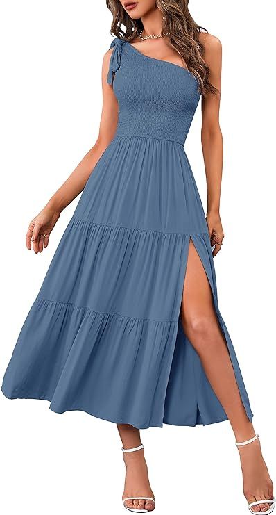 MEROKEETY Women's Summer One Shoulder Sleeveless Knot Smocked Midi Dress Split Tiered Flowy Dress... | Amazon (US)