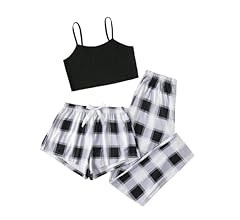 SheIn Women's 3 Piece Plaid Pajamas Set Cami Shorts Set with Pants Loungewear Sleepwear | Amazon (US)