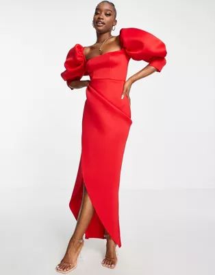 ASOS DESIGN puff sleeve wrap maxi dress in red | ASOS (Global)