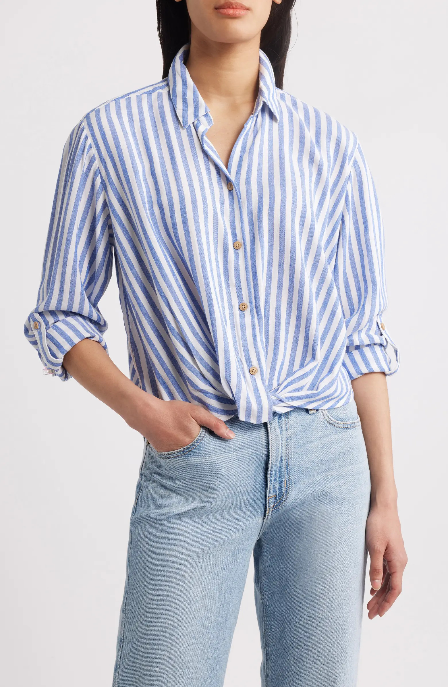 beachlunchlounge Vivica Stripe Twist Hem Button-Up Shirt | Nordstrom | Nordstrom