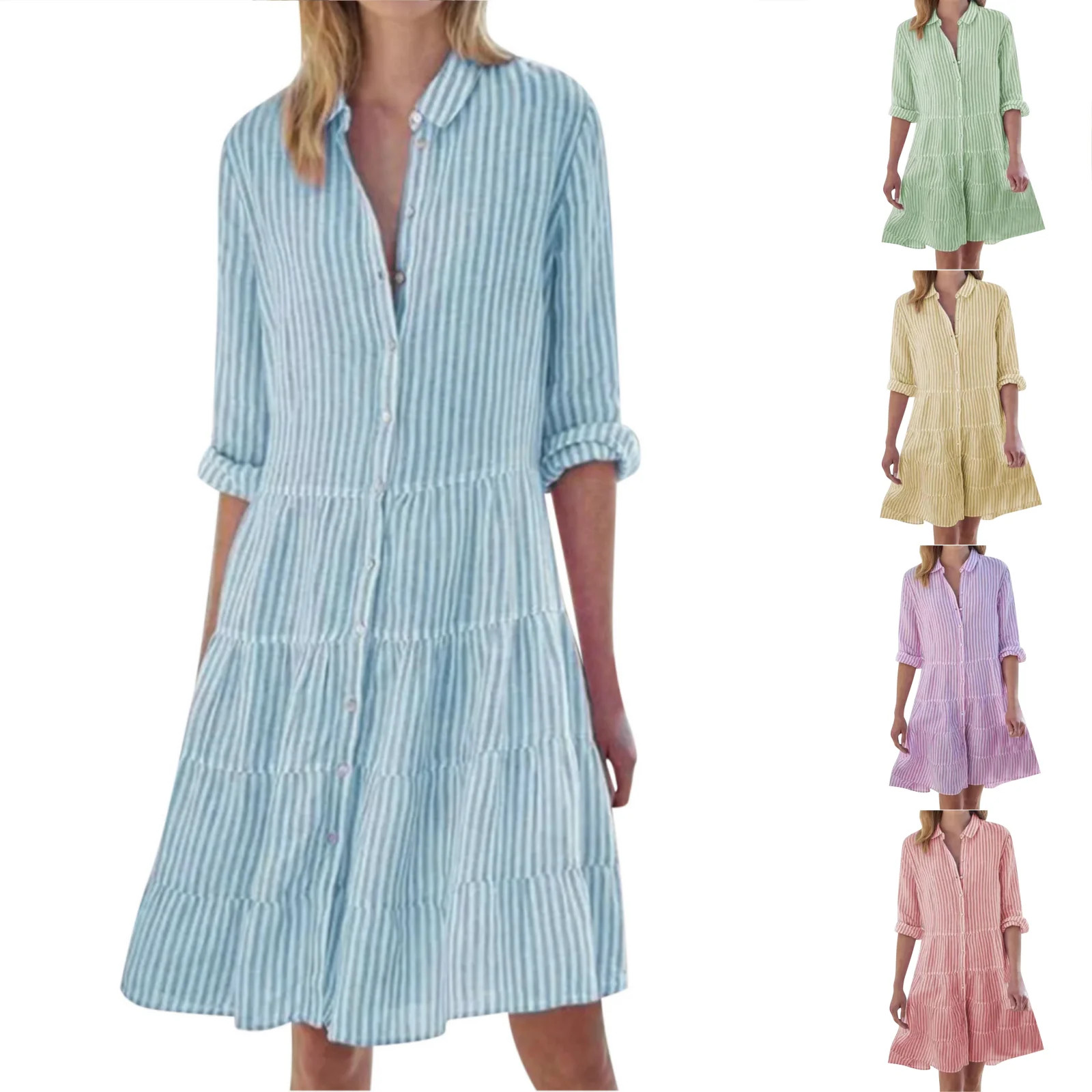 VgaVtl Blue Women's Dresses Long Sleeve Shirt Dress Midi Dresses for Women Casual Lapel Striped L... | Walmart (US)